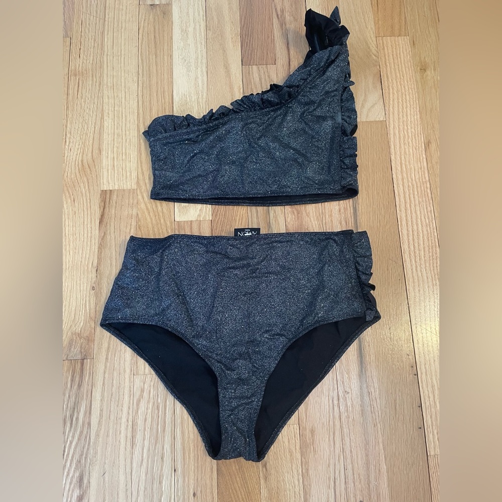 NWT Leslie Amon Tamini Black Glitter Two Piece Swimsuit